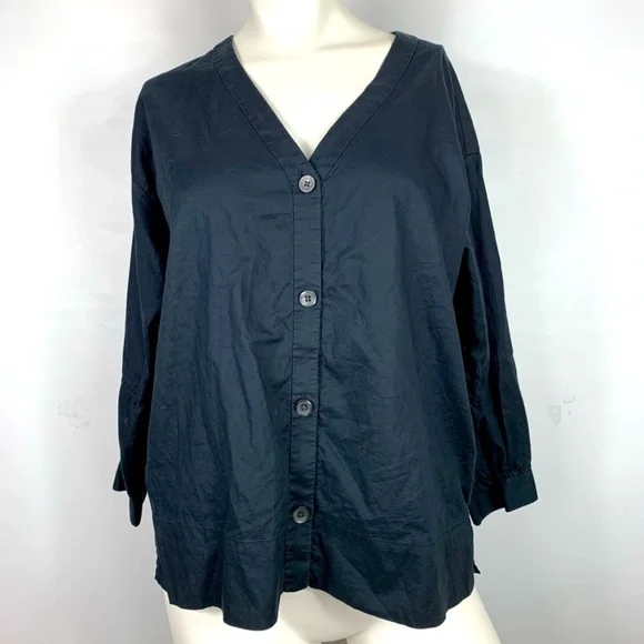 Everlane Cotton 3/4 Sleeve Button Down Black Top SZ 10 Everlane - Picture 2 of 5